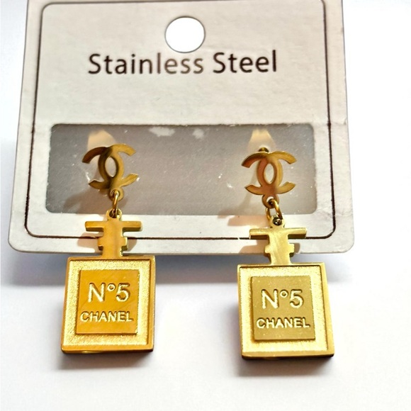 Stainless Steel Fashion Gold plated inspired Perfume Bottle Earrings - Picture 1 of 1